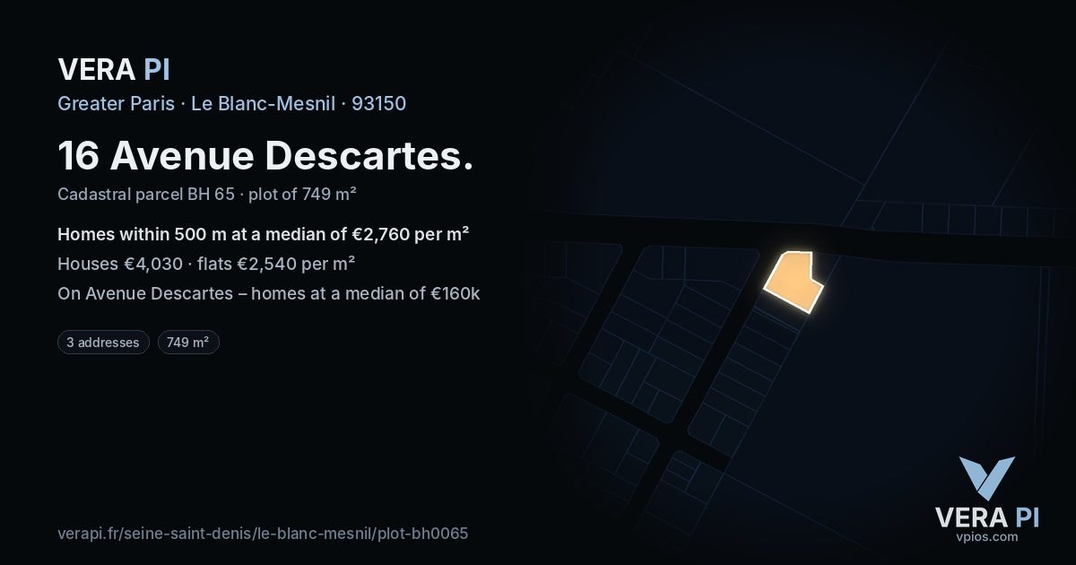 16 Avenue Descartes, Le Blanc-Mesnil at night – the plot lit, the parcels around coloured by the prices near them
