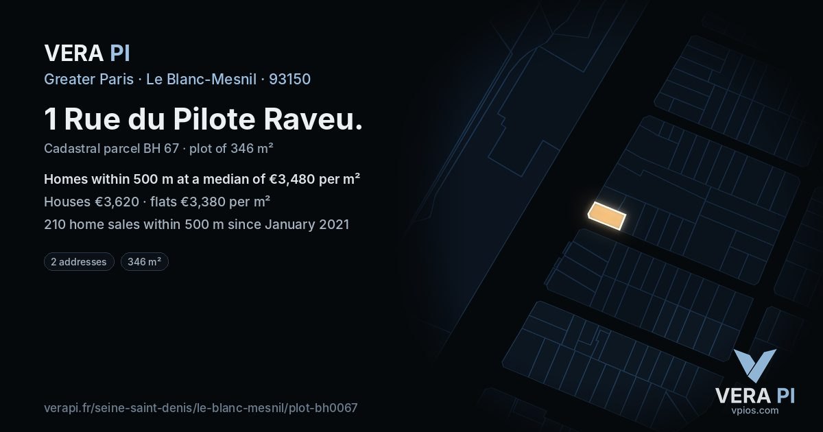 1 Rue du Pilote Raveu, Le Blanc-Mesnil at night – the plot lit, the parcels around coloured by the prices near them