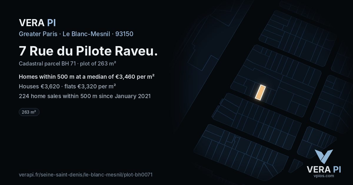7 Rue du Pilote Raveu, Le Blanc-Mesnil at night – the plot lit, the parcels around coloured by the prices near them