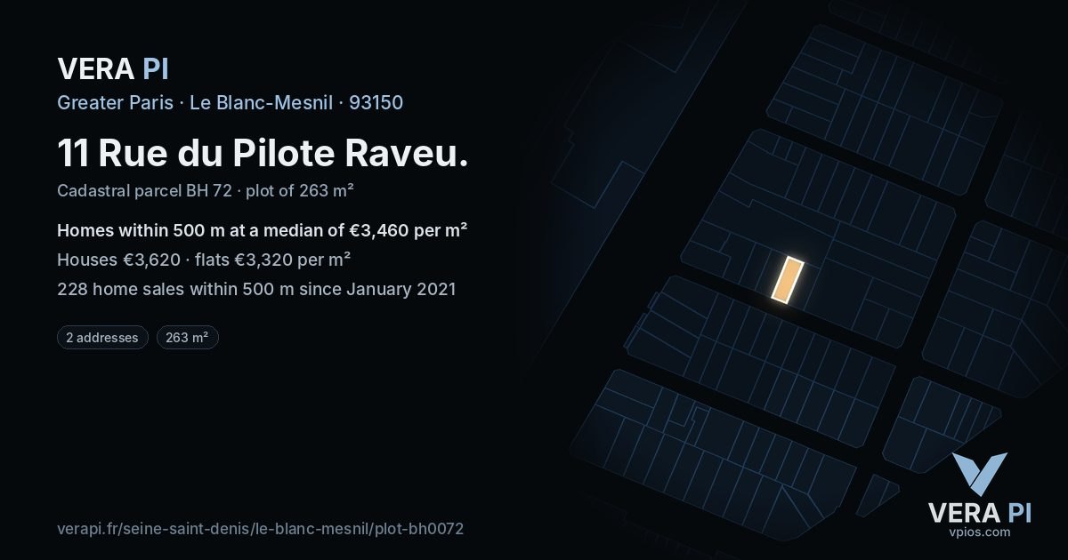 11 Rue du Pilote Raveu, Le Blanc-Mesnil at night – the plot lit, the parcels around coloured by the prices near them