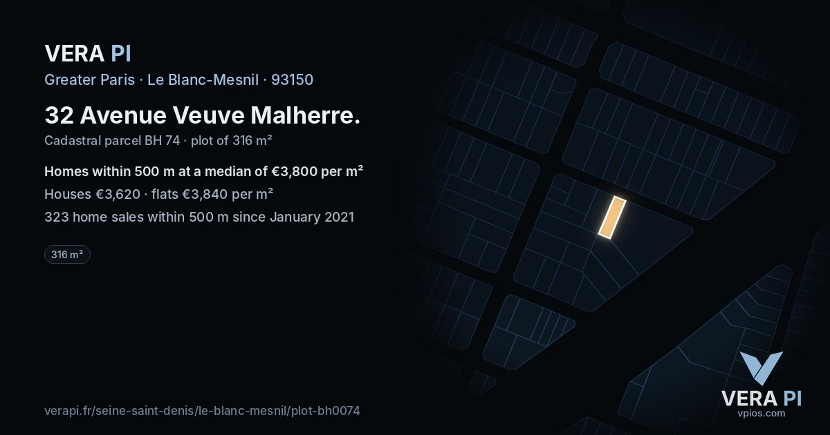 32 Avenue Veuve Malherre, Le Blanc-Mesnil at night – the plot lit, the parcels around coloured by the prices near them