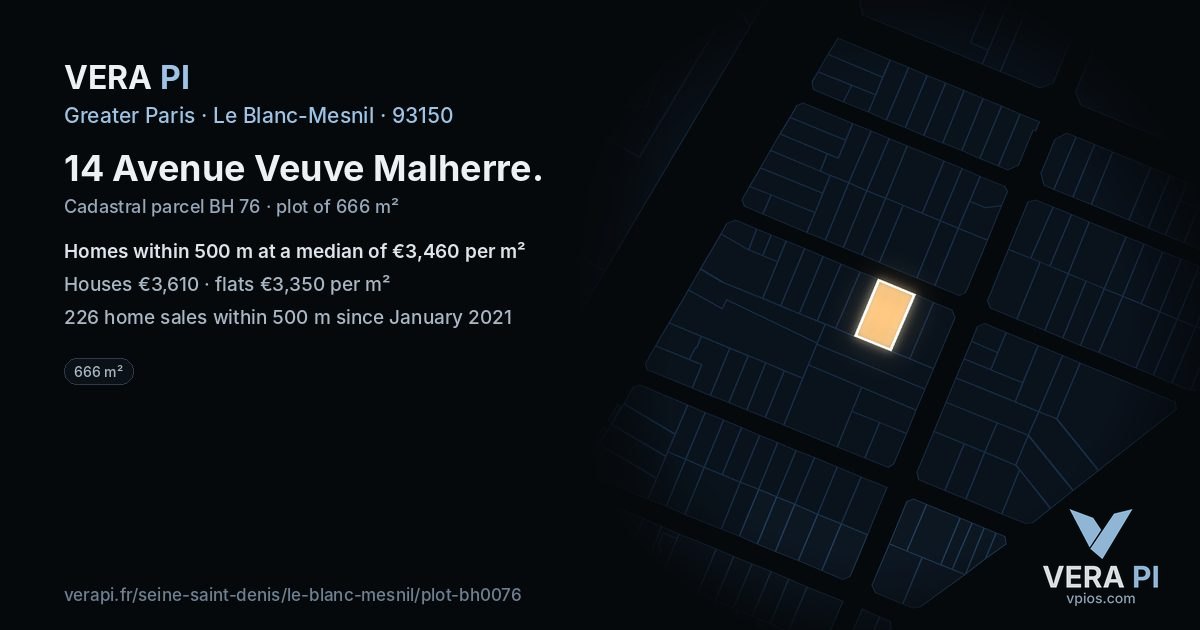 14 Avenue Veuve Malherre, Le Blanc-Mesnil at night – the plot lit, the parcels around coloured by the prices near them