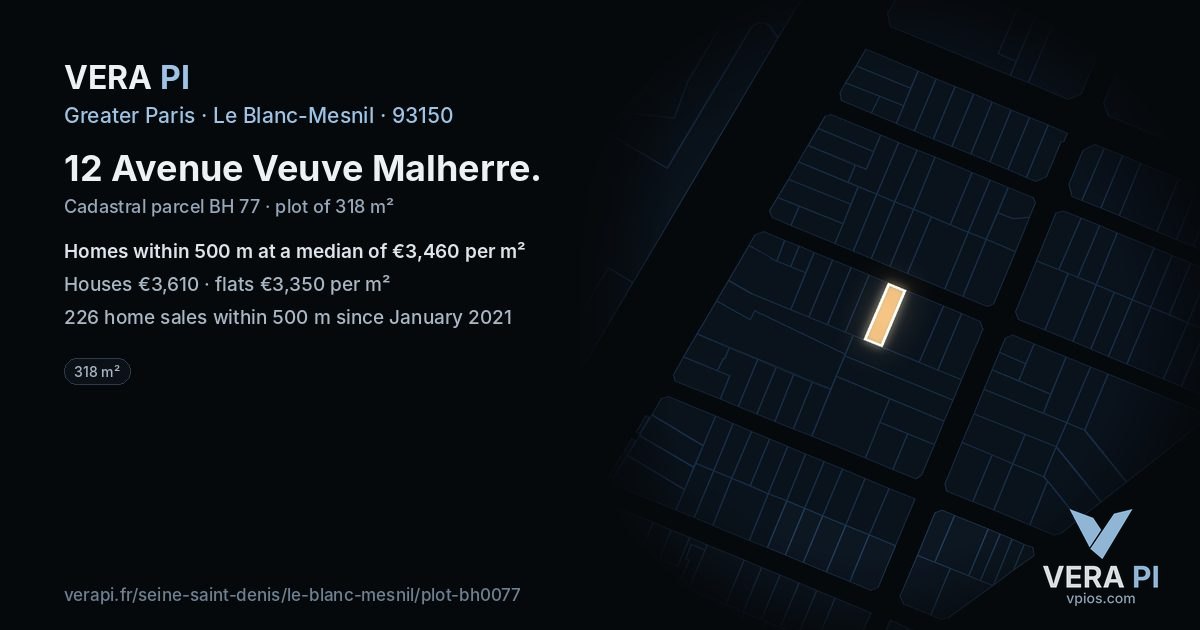 12 Avenue Veuve Malherre, Le Blanc-Mesnil at night – the plot lit, the parcels around coloured by the prices near them