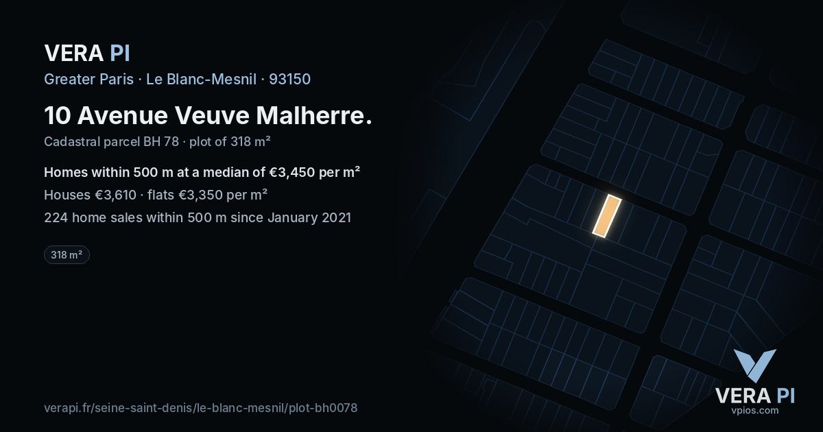 10 Avenue Veuve Malherre, Le Blanc-Mesnil at night – the plot lit, the parcels around coloured by the prices near them