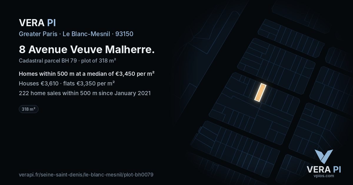8 Avenue Veuve Malherre, Le Blanc-Mesnil at night – the plot lit, the parcels around coloured by the prices near them