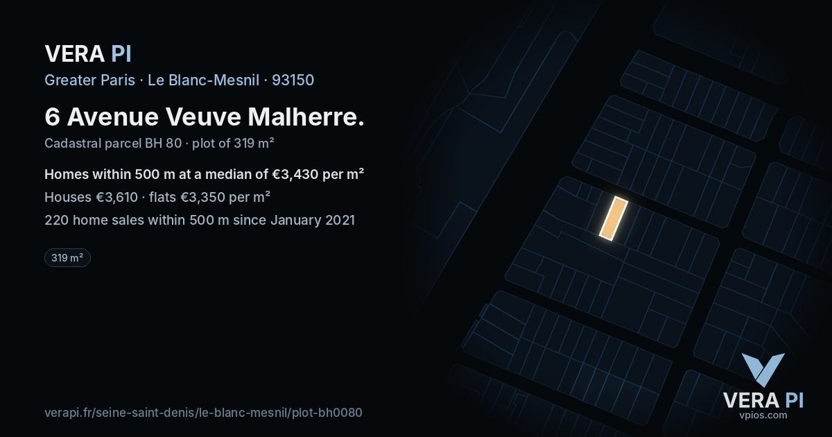 6 Avenue Veuve Malherre, Le Blanc-Mesnil at night – the plot lit, the parcels around coloured by the prices near them