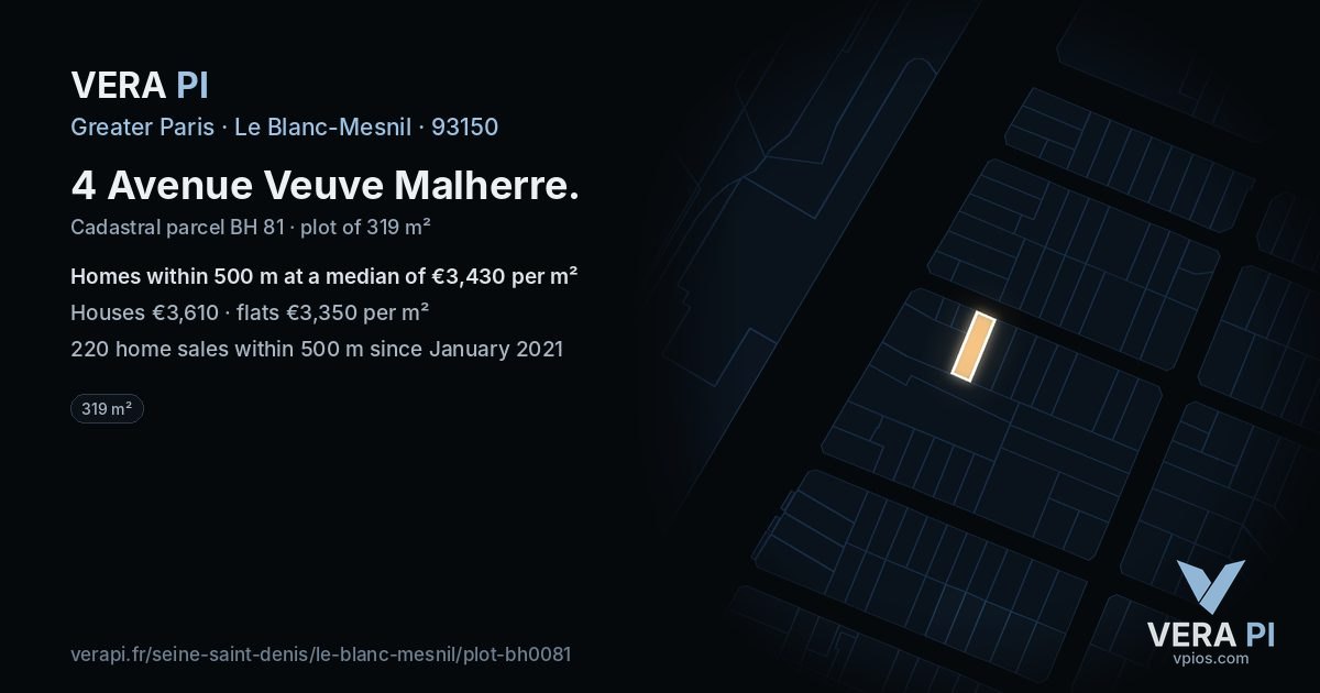 4 Avenue Veuve Malherre, Le Blanc-Mesnil at night – the plot lit, the parcels around coloured by the prices near them
