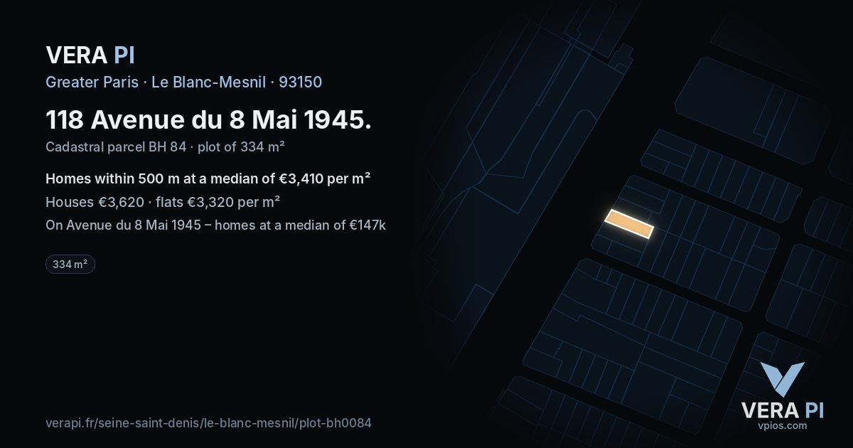 118 Avenue du 8 Mai 1945, Le Blanc-Mesnil at night – the plot lit, the parcels around coloured by the prices near them