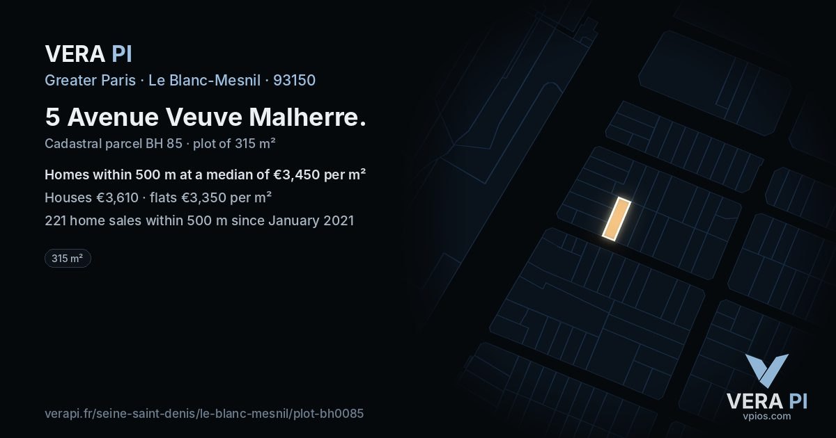 5 Avenue Veuve Malherre, Le Blanc-Mesnil at night – the plot lit, the parcels around coloured by the prices near them