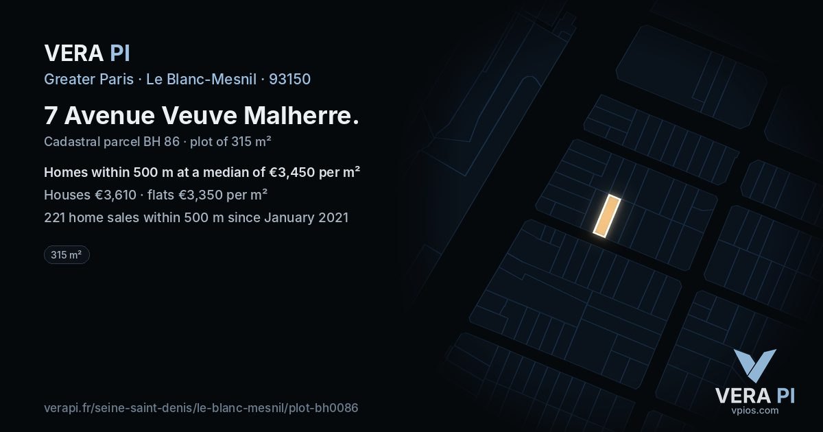 7 Avenue Veuve Malherre, Le Blanc-Mesnil at night – the plot lit, the parcels around coloured by the prices near them