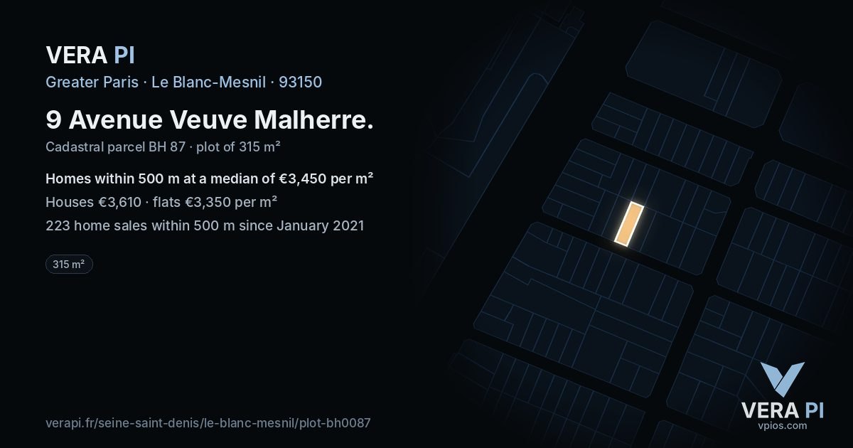 9 Avenue Veuve Malherre, Le Blanc-Mesnil at night – the plot lit, the parcels around coloured by the prices near them