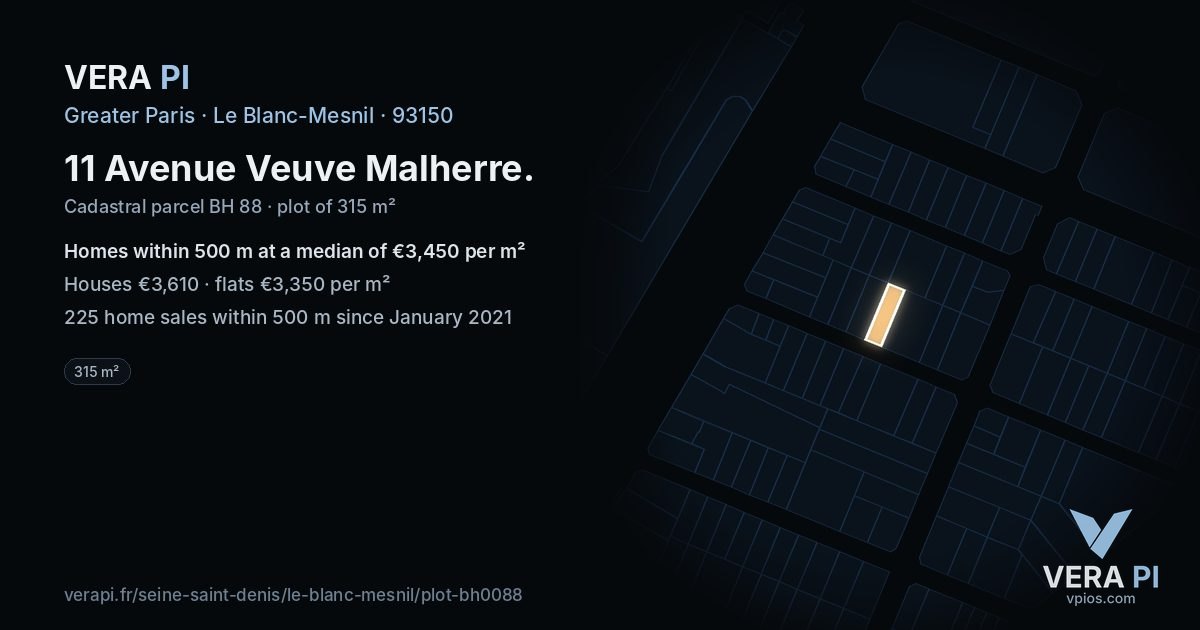 11 Avenue Veuve Malherre, Le Blanc-Mesnil at night – the plot lit, the parcels around coloured by the prices near them
