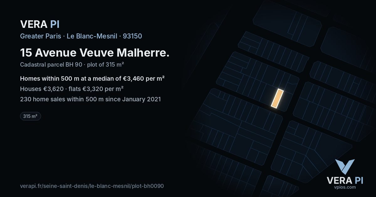 15 Avenue Veuve Malherre, Le Blanc-Mesnil at night – the plot lit, the parcels around coloured by the prices near them