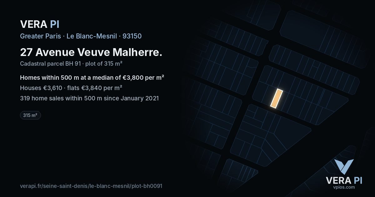 27 Avenue Veuve Malherre, Le Blanc-Mesnil at night – the plot lit, the parcels around coloured by the prices near them
