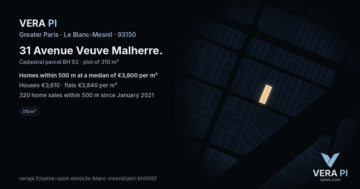 31 Avenue Veuve Malherre, Le Blanc-Mesnil at night – the plot lit, the parcels around coloured by the prices near them