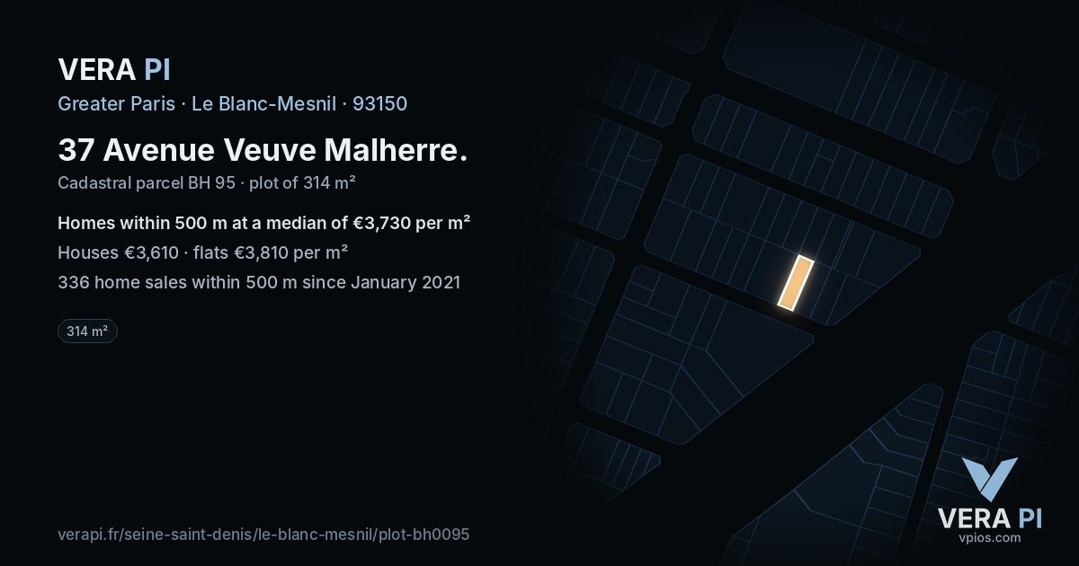 37 Avenue Veuve Malherre, Le Blanc-Mesnil at night – the plot lit, the parcels around coloured by the prices near them