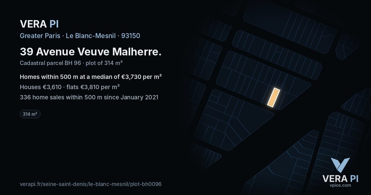 39 Avenue Veuve Malherre, Le Blanc-Mesnil at night – the plot lit, the parcels around coloured by the prices near them