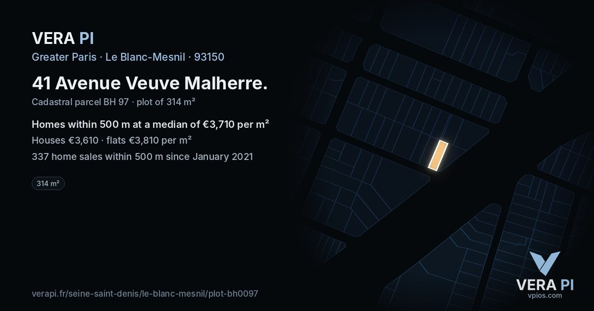 41 Avenue Veuve Malherre, Le Blanc-Mesnil at night – the plot lit, the parcels around coloured by the prices near them