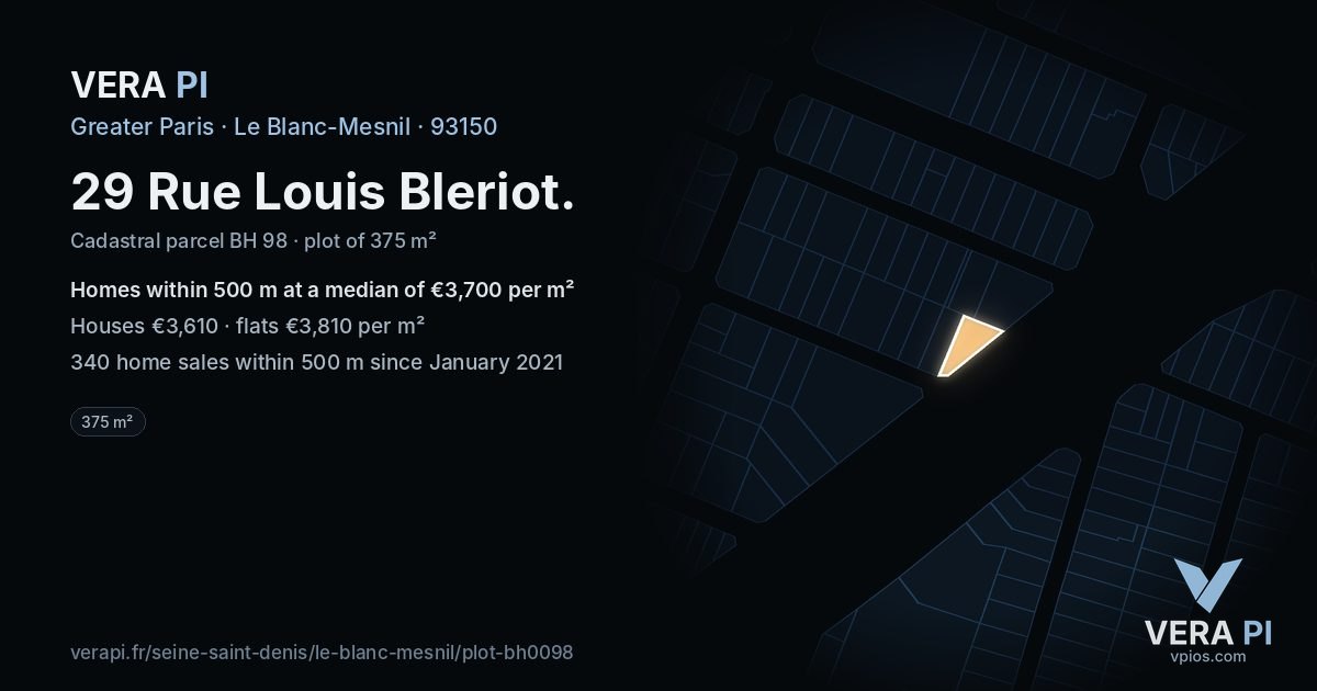 29 Rue Louis Bleriot, Le Blanc-Mesnil at night – the plot lit, the parcels around coloured by the prices near them