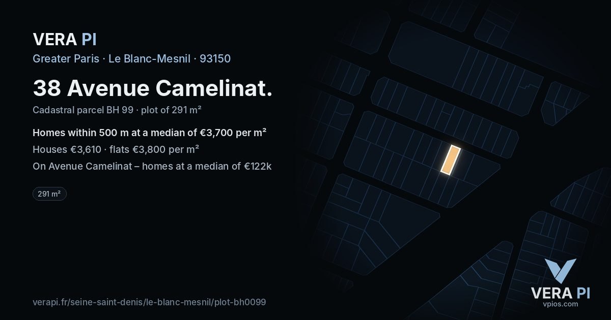 38 Avenue Camelinat, Le Blanc-Mesnil at night – the plot lit, the parcels around coloured by the prices near them