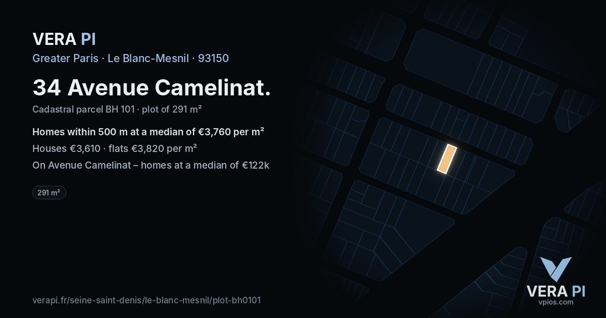 34 Avenue Camelinat, Le Blanc-Mesnil at night – the plot lit, the parcels around coloured by the prices near them
