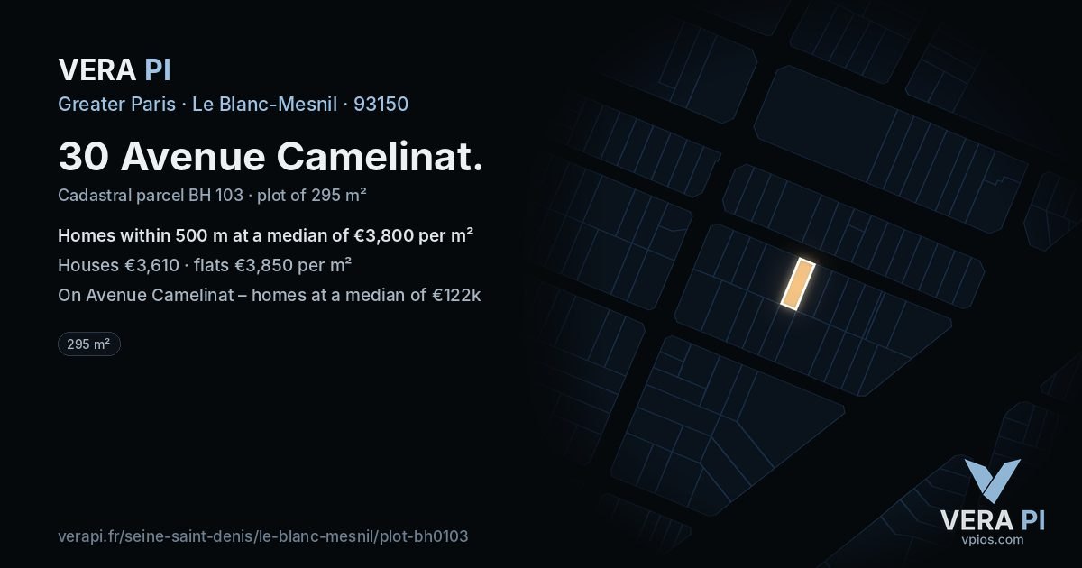 30 Avenue Camelinat, Le Blanc-Mesnil at night – the plot lit, the parcels around coloured by the prices near them