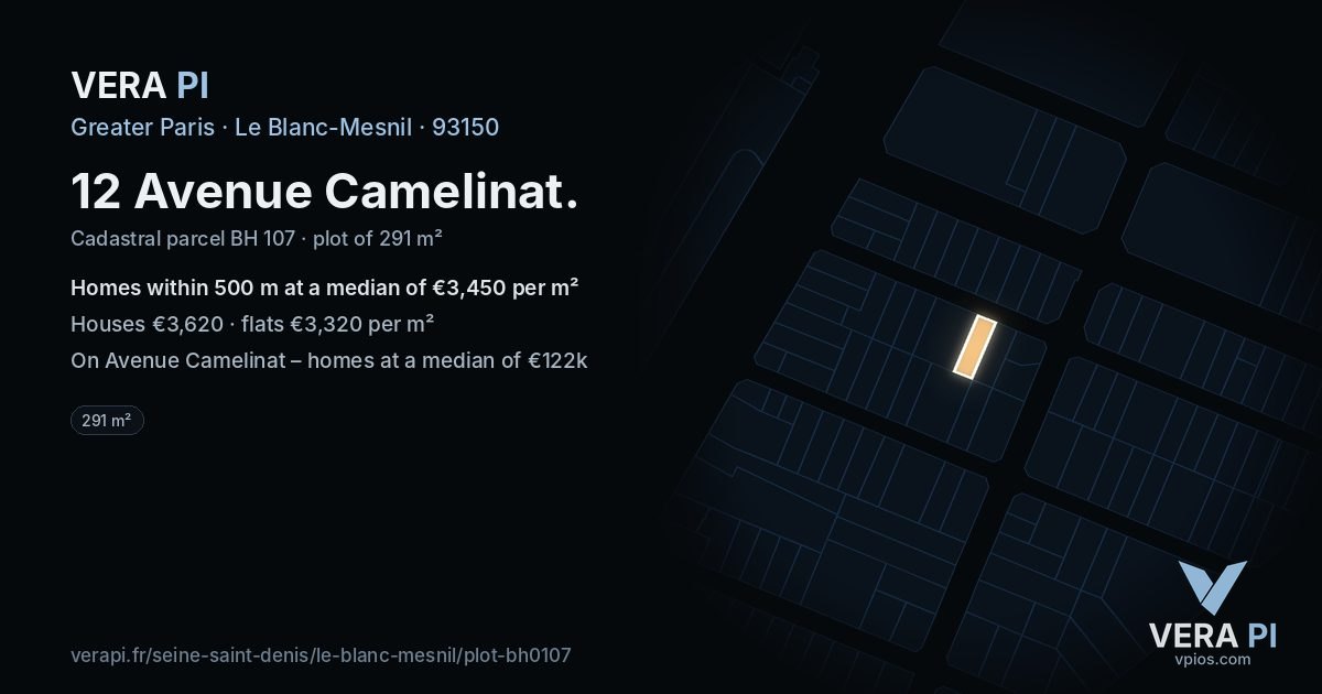 12 Avenue Camelinat, Le Blanc-Mesnil at night – the plot lit, the parcels around coloured by the prices near them