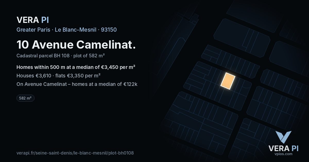 10 Avenue Camelinat, Le Blanc-Mesnil at night – the plot lit, the parcels around coloured by the prices near them