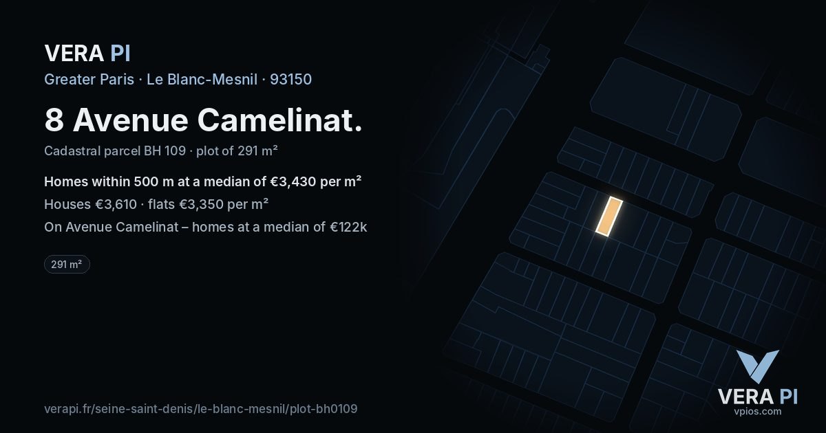 8 Avenue Camelinat, Le Blanc-Mesnil at night – the plot lit, the parcels around coloured by the prices near them