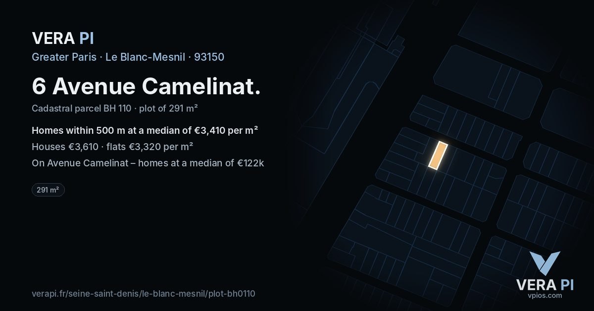 6 Avenue Camelinat, Le Blanc-Mesnil at night – the plot lit, the parcels around coloured by the prices near them