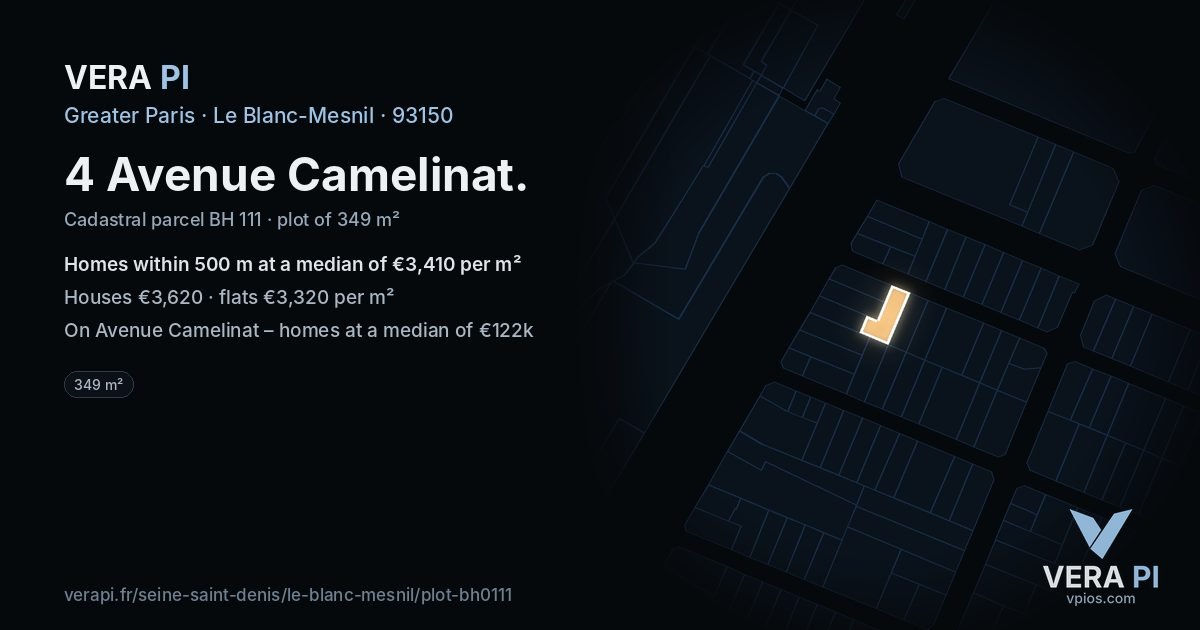 4 Avenue Camelinat, Le Blanc-Mesnil at night – the plot lit, the parcels around coloured by the prices near them