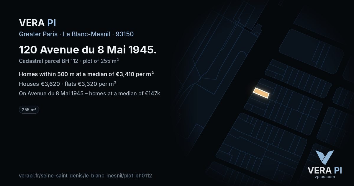 120 Avenue du 8 Mai 1945, Le Blanc-Mesnil at night – the plot lit, the parcels around coloured by the prices near them