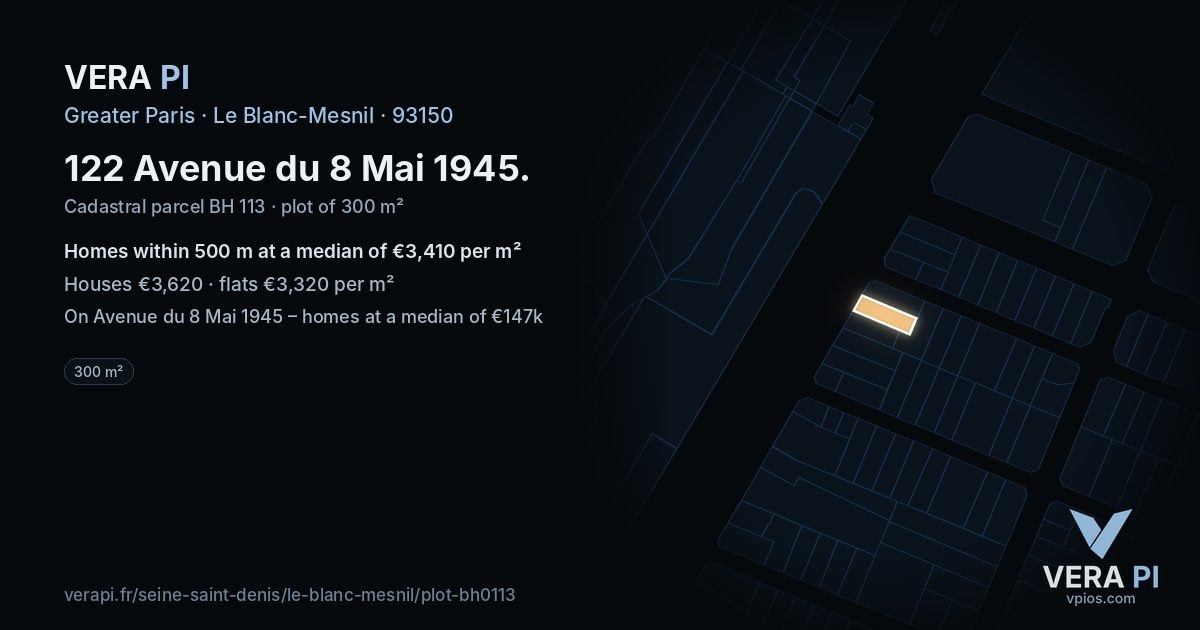 122 Avenue du 8 Mai 1945, Le Blanc-Mesnil at night – the plot lit, the parcels around coloured by the prices near them