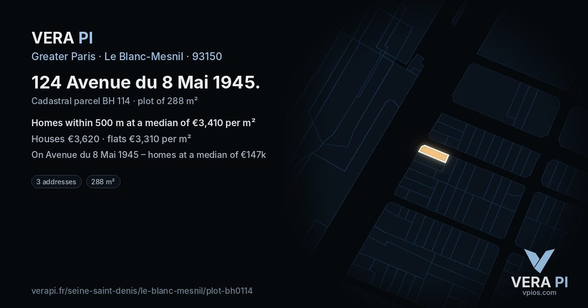 124 Avenue du 8 Mai 1945, Le Blanc-Mesnil at night – the plot lit, the parcels around coloured by the prices near them
