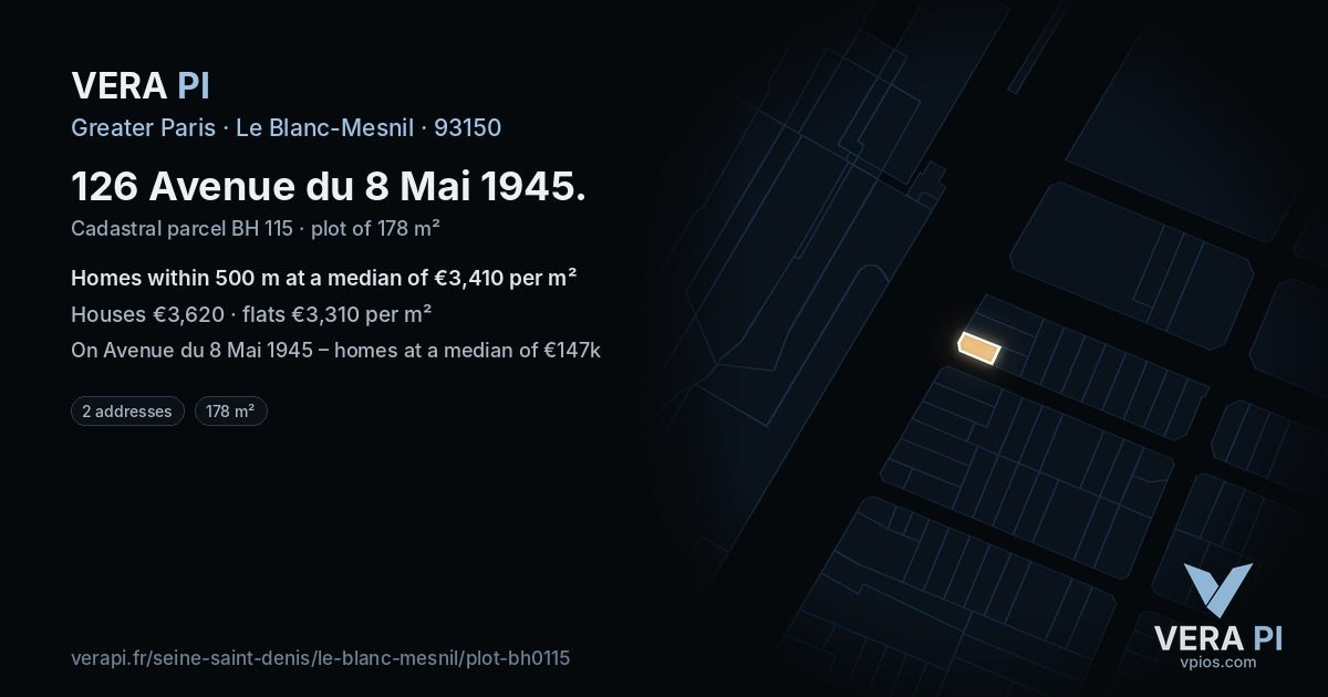 126 Avenue du 8 Mai 1945, Le Blanc-Mesnil at night – the plot lit, the parcels around coloured by the prices near them