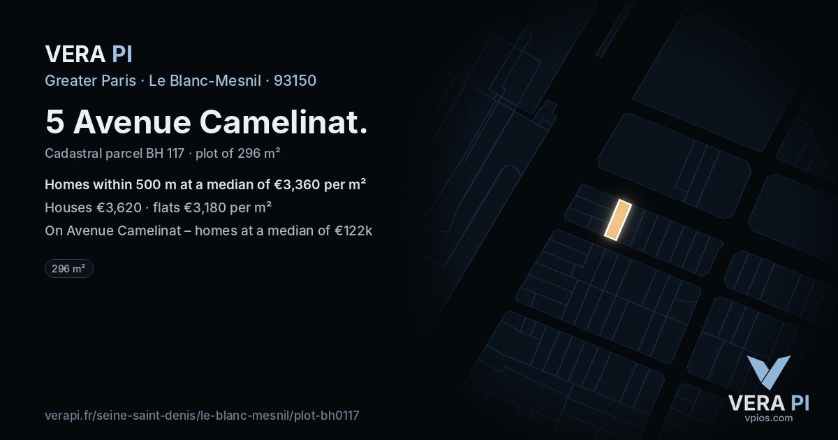 5 Avenue Camelinat, Le Blanc-Mesnil at night – the plot lit, the parcels around coloured by the prices near them