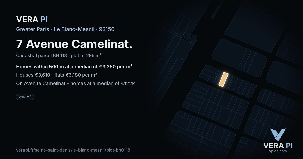 7 Avenue Camelinat, Le Blanc-Mesnil at night – the plot lit, the parcels around coloured by the prices near them