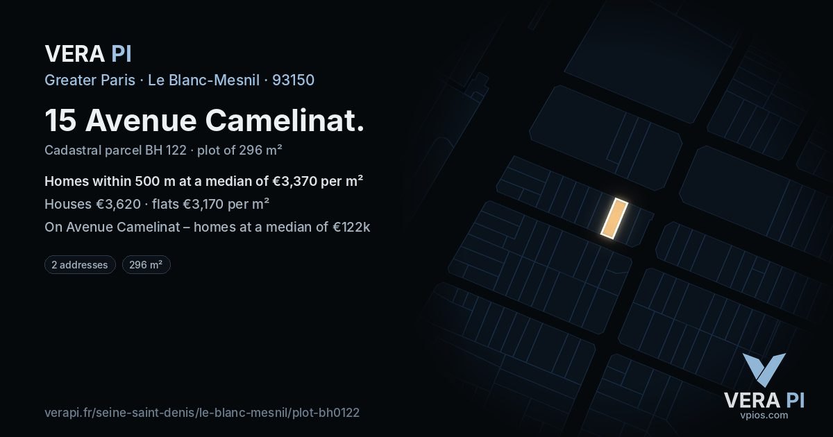 15 Avenue Camelinat, Le Blanc-Mesnil at night – the plot lit, the parcels around coloured by the prices near them