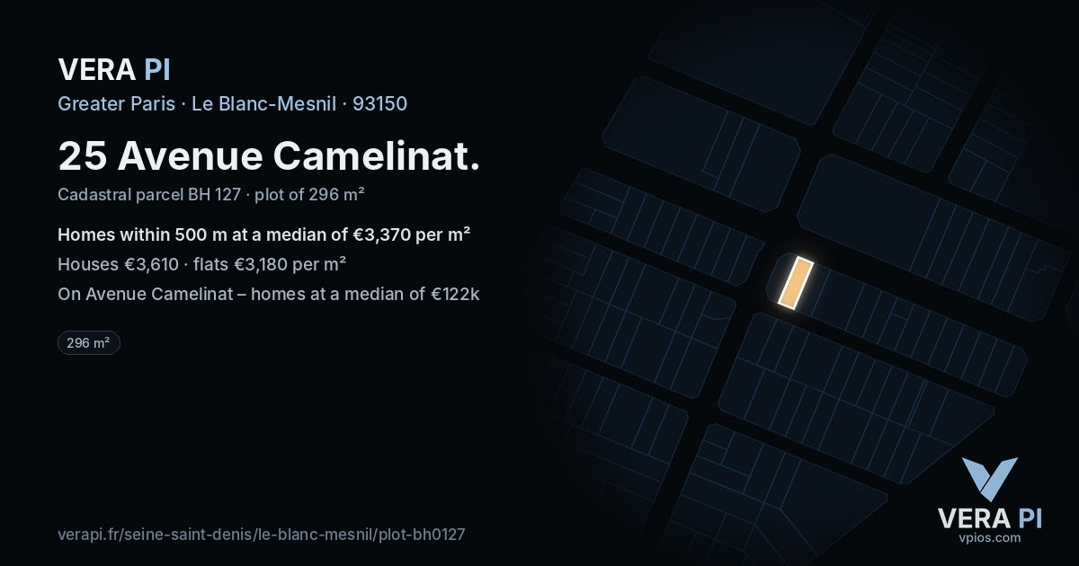 25 Avenue Camelinat, Le Blanc-Mesnil at night – the plot lit, the parcels around coloured by the prices near them