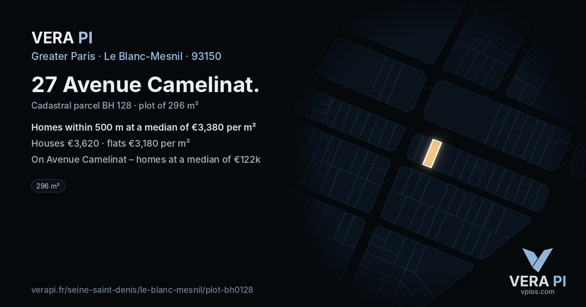 27 Avenue Camelinat, Le Blanc-Mesnil at night – the plot lit, the parcels around coloured by the prices near them