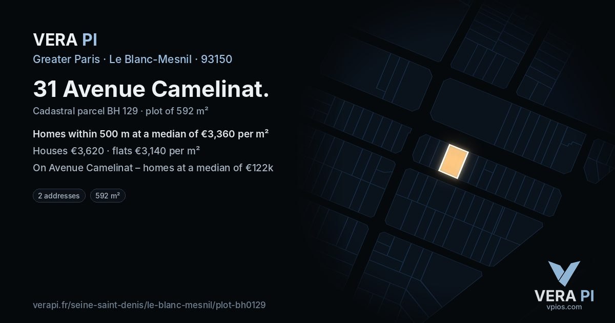 31 Avenue Camelinat, Le Blanc-Mesnil at night – the plot lit, the parcels around coloured by the prices near them