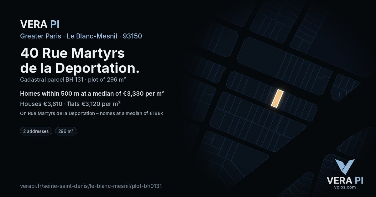 40 Rue Martyrs de la Deportation, Le Blanc-Mesnil at night – the plot lit, the parcels around coloured by the prices near them