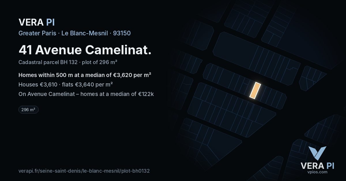 41 Avenue Camelinat, Le Blanc-Mesnil at night – the plot lit, the parcels around coloured by the prices near them