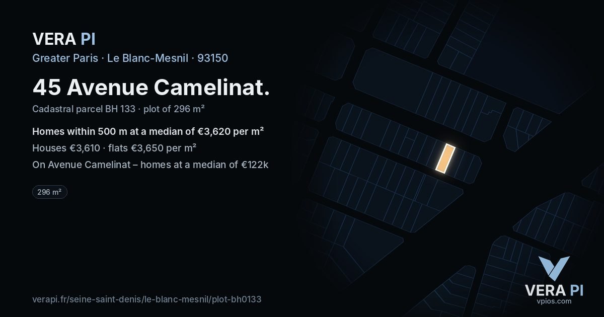 45 Avenue Camelinat, Le Blanc-Mesnil at night – the plot lit, the parcels around coloured by the prices near them
