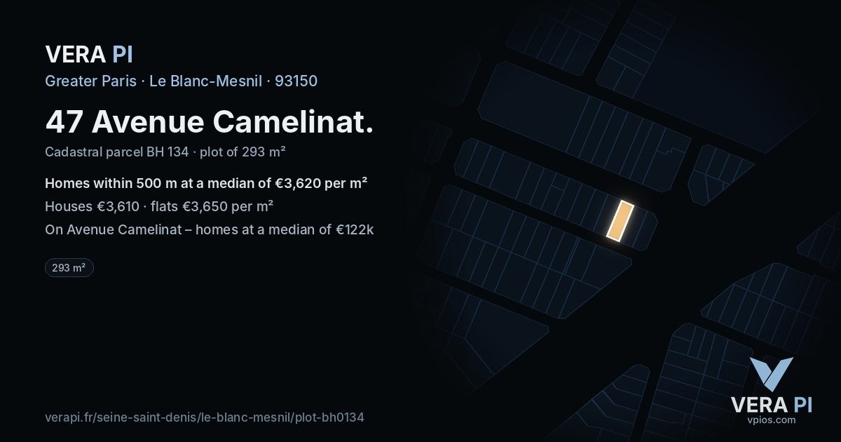47 Avenue Camelinat, Le Blanc-Mesnil at night – the plot lit, the parcels around coloured by the prices near them