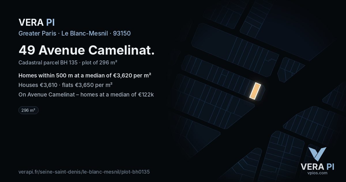 49 Avenue Camelinat, Le Blanc-Mesnil at night – the plot lit, the parcels around coloured by the prices near them