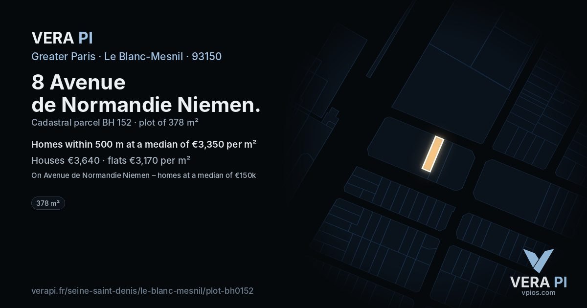 8 Avenue de Normandie Niemen, Le Blanc-Mesnil at night – the plot lit, the parcels around coloured by the prices near them