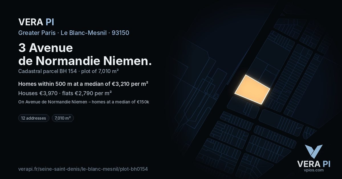 3 Avenue de Normandie Niemen, Le Blanc-Mesnil at night – the plot lit, the parcels around coloured by the prices near them