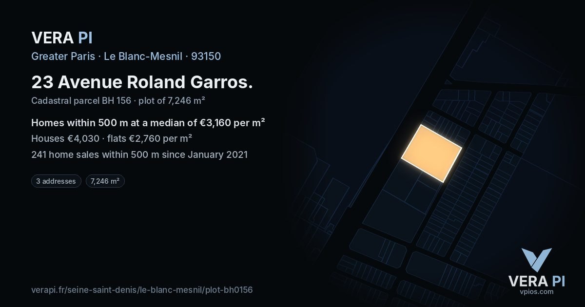 23 Avenue Roland Garros, Le Blanc-Mesnil at night – the plot lit, the parcels around coloured by the prices near them