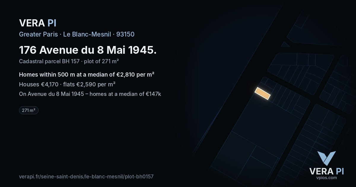 176 Avenue du 8 Mai 1945, Le Blanc-Mesnil at night – the plot lit, the parcels around coloured by the prices near them